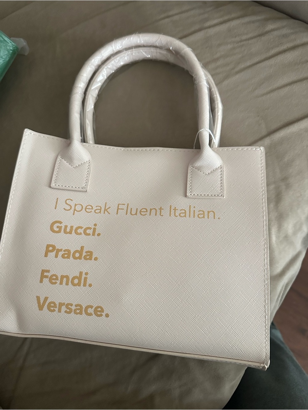 Cream Statement Tote Bag with Gold Script